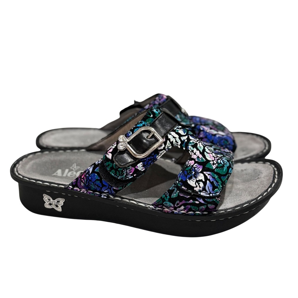Alegria Peggy Sandals Size‎ 38 Black Purple Floral Leather Slides Comfort Buckle